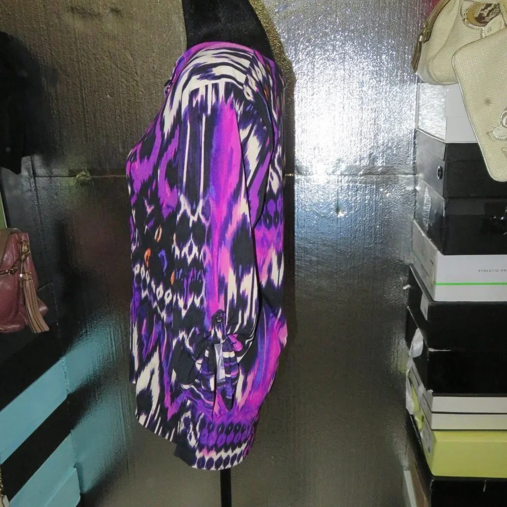 BOGO Jones New York Boho Abstract Purple pink black tunic blouse Top LG Petite - Picture 5 of 8